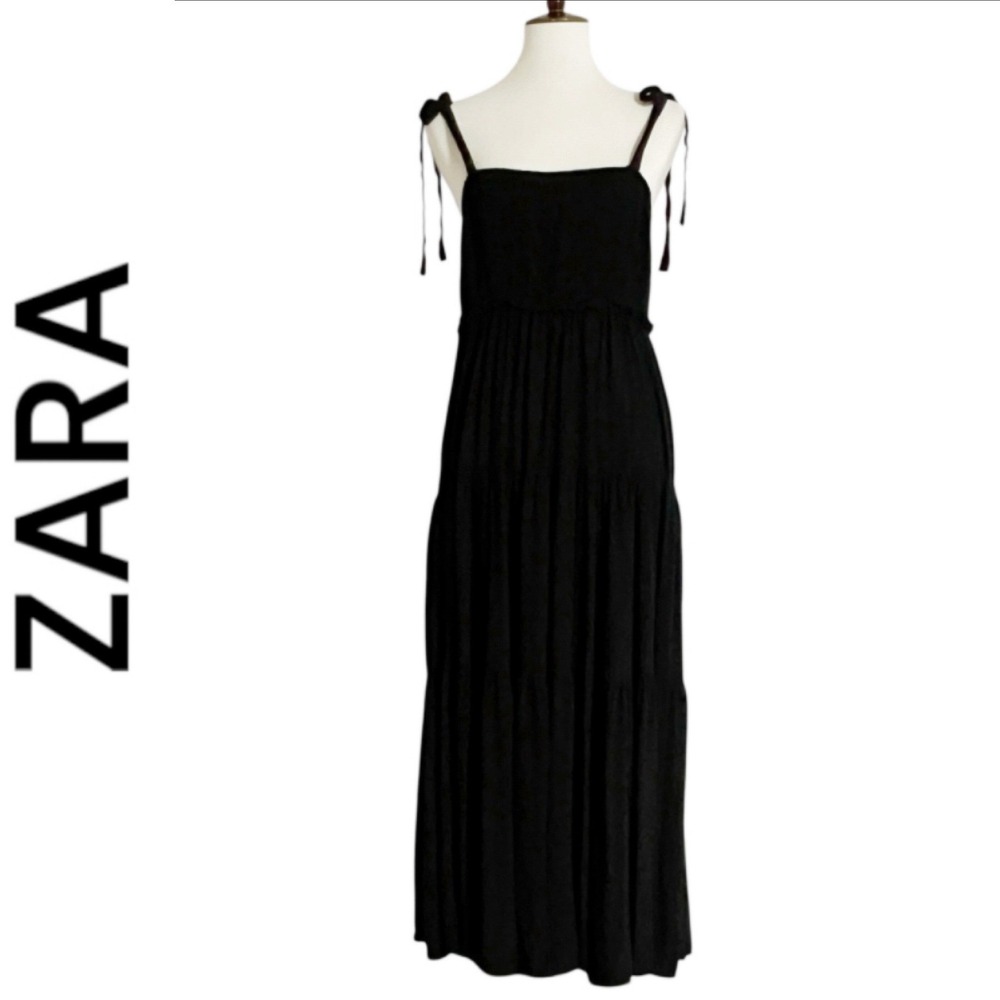 Zara Smocked Tiered Maxi Dress Square Neck Ruffle Tie Strap in Black Size Medium